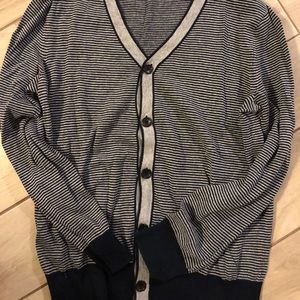 LS v-neck button down gray & blue stripe cardigan